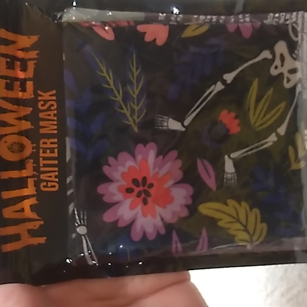 Halloween Gaiter Mask Black with Flowers and skeleton